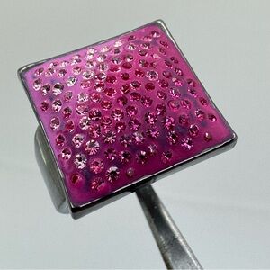Pink Crystal Ombre Statement Ring Dark Gunmetal Tone Bold Square Ring